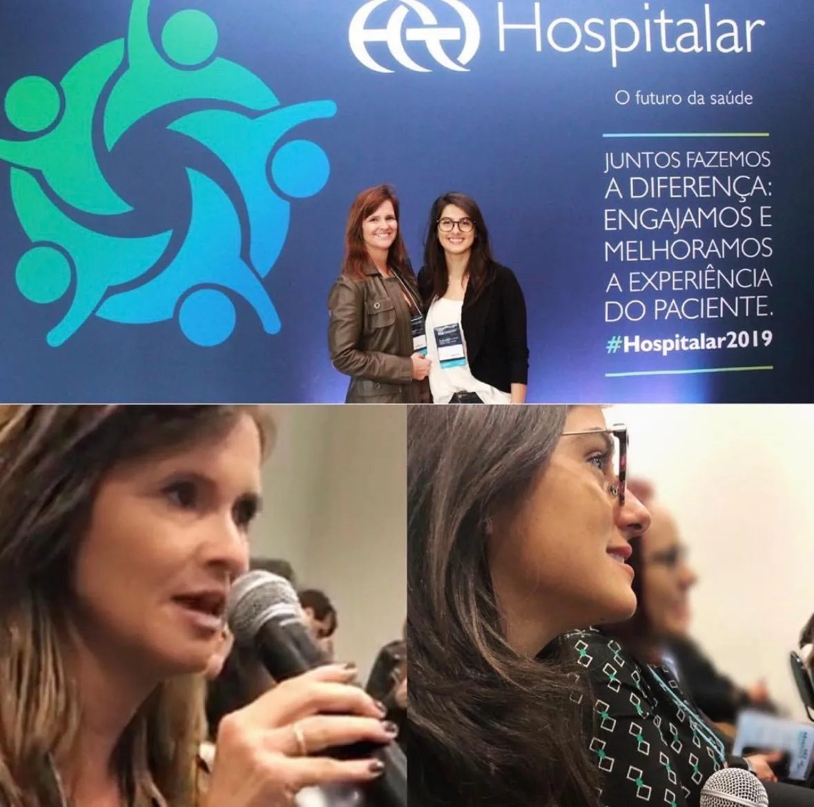 Registros da Dra. Simone Carrara na Hospitalar 2019 e ao microfone durante painel.