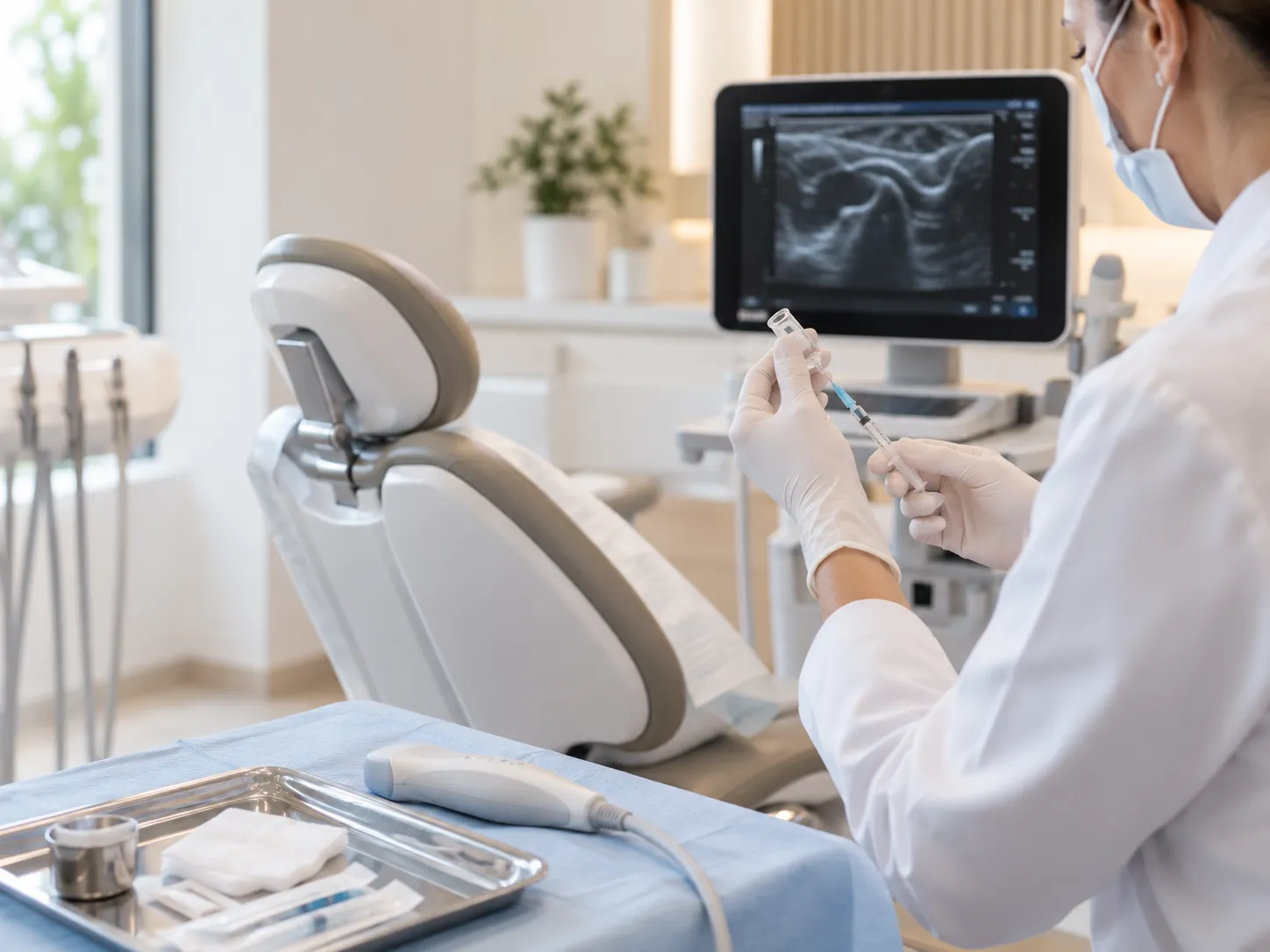 Profissional prepara um procedimento intra-articular em ambiente clínico especializado